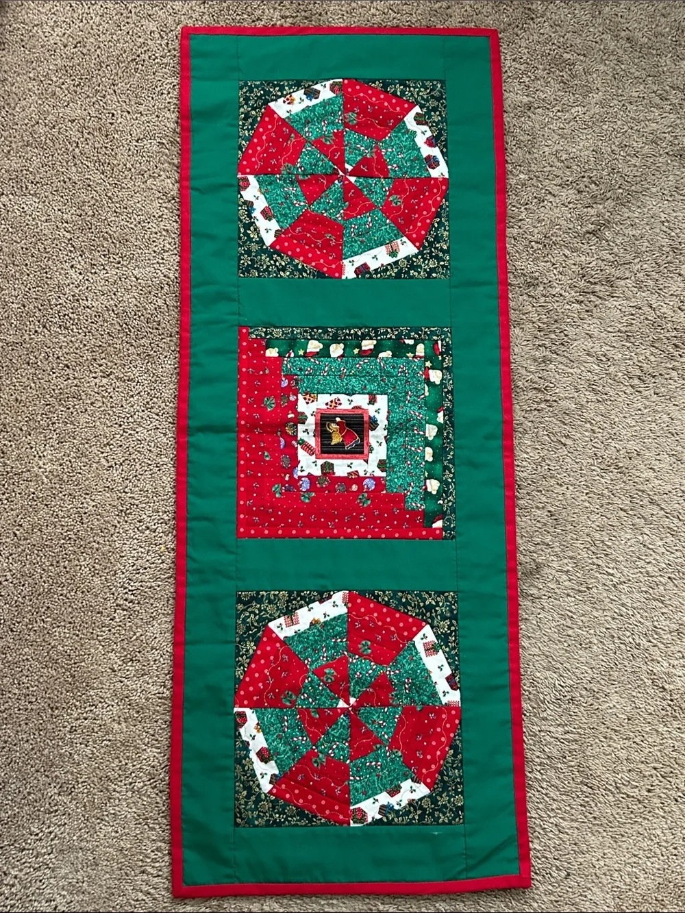 Handmade Holiday Table Runner - Red & Green Festive Quilt